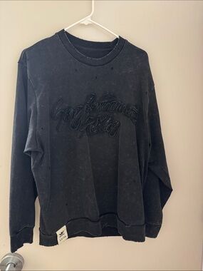 Washed Black Crewneck Sweater with Raised Script Detail